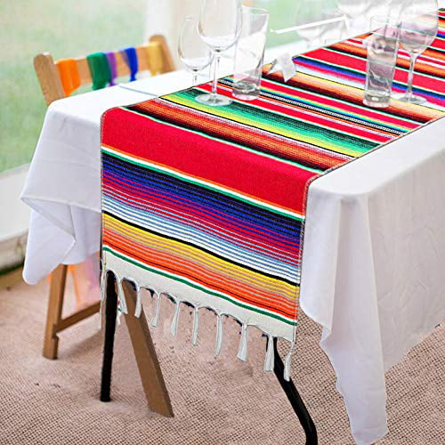 Large Square Fringe Cotton Table Cloth Mexican Serape Blanket Tablecloth 59 x 84 Inch for Mexican Wedding Party Decorations Outdoor Picnics Dining Table 