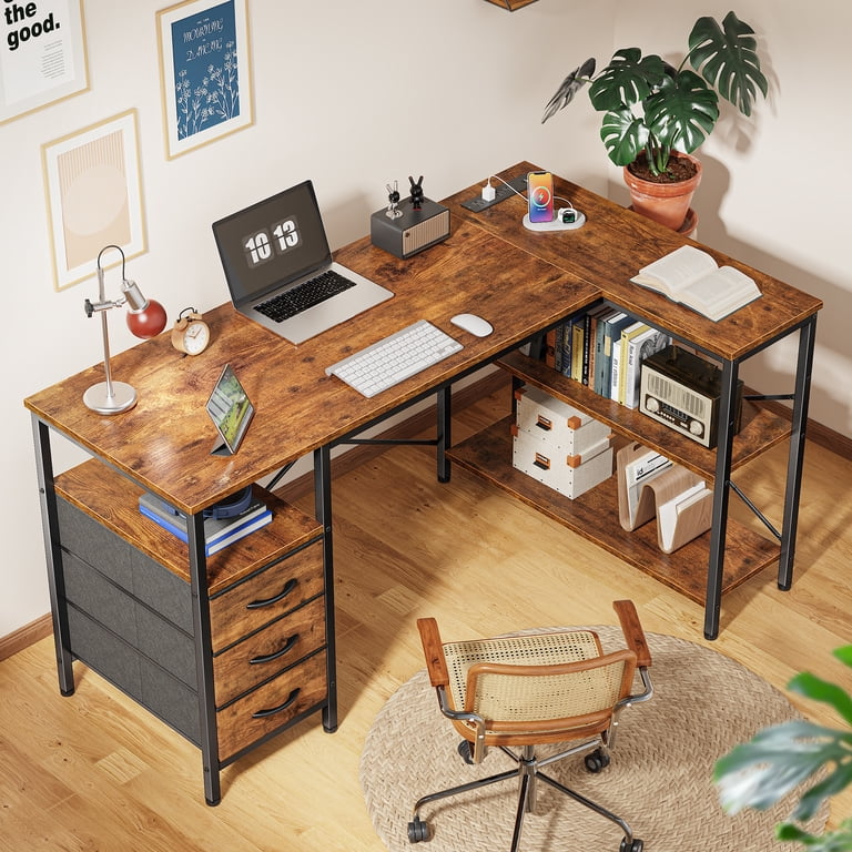 Amadwell 47" L-Shaped Office Desk with Power Outlets, Brown photo 2
