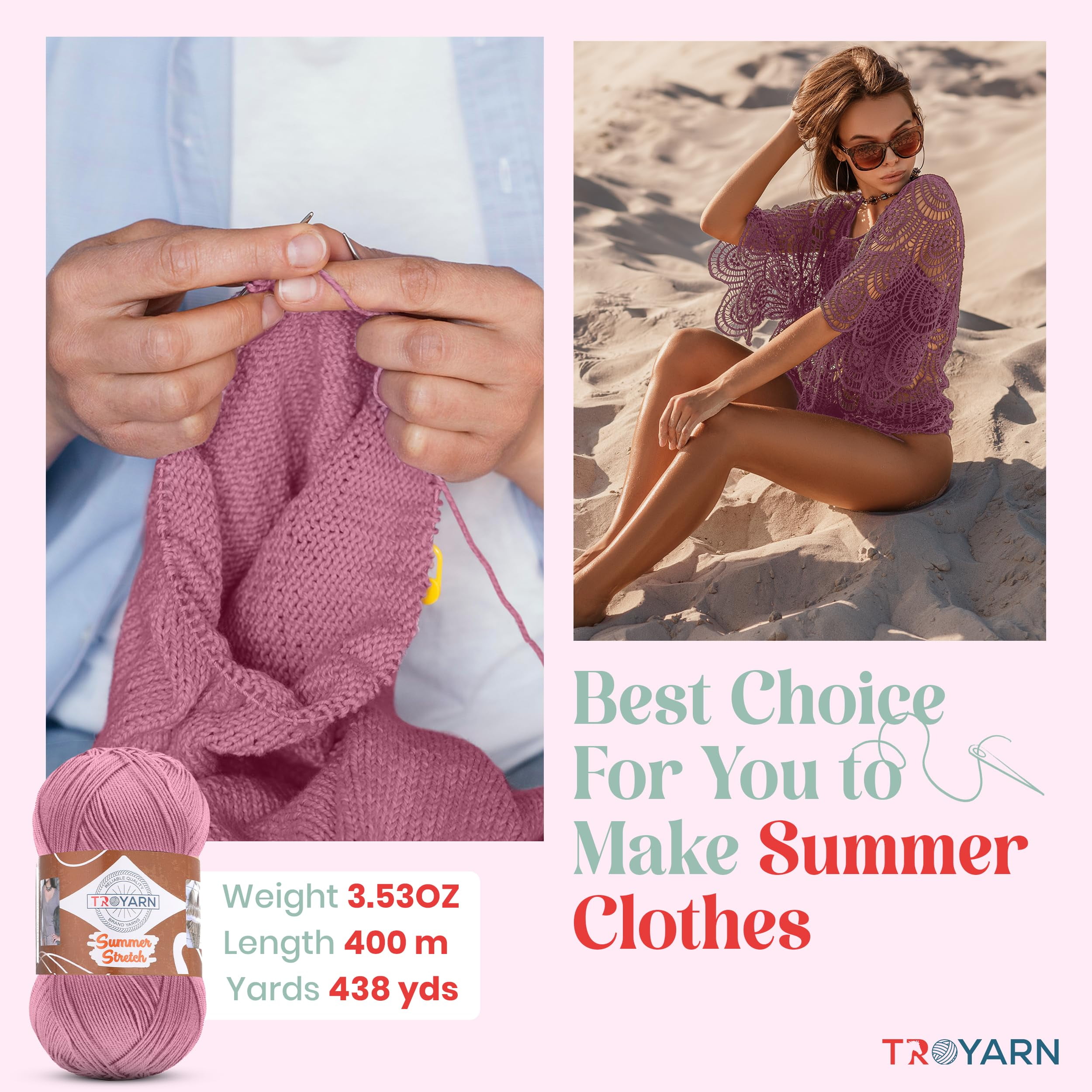 Troyarn Summer Stretch Acrylic Yarn for Crocheting - 2 Skeins of Pink Yarn Made from 100% Elastic Microfiber Acrylic for Knitting, 100gr 438 yds (114178 - Pink)