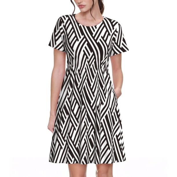 Balery Black White Stripes Vestidos sueltos de manga corta para mujer, vestidos de verano 2025, vestidos casuales de corte A con vuelo.