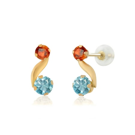 Round Sapphire Earrings Set - 1.26 Ct Round Blue Zircon Orange Sapphire 14K Yellow Gold Earrings