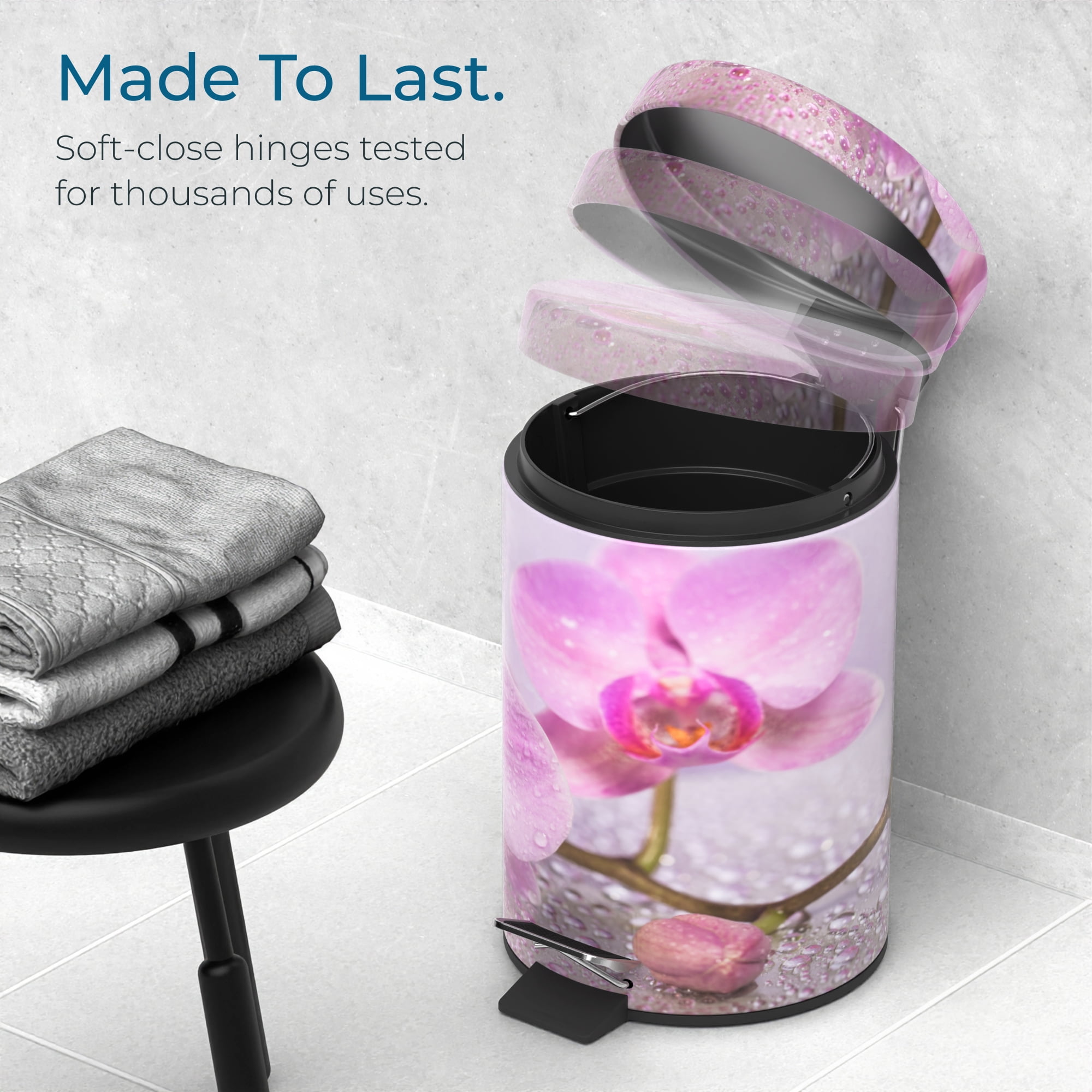 Sanilo Trash Can 1.3 Gallon with Soft Close, Many New Cosmetic and Kitchen Waste Bins Available, Bathroom Bin with Inner Bucket (Blooming)