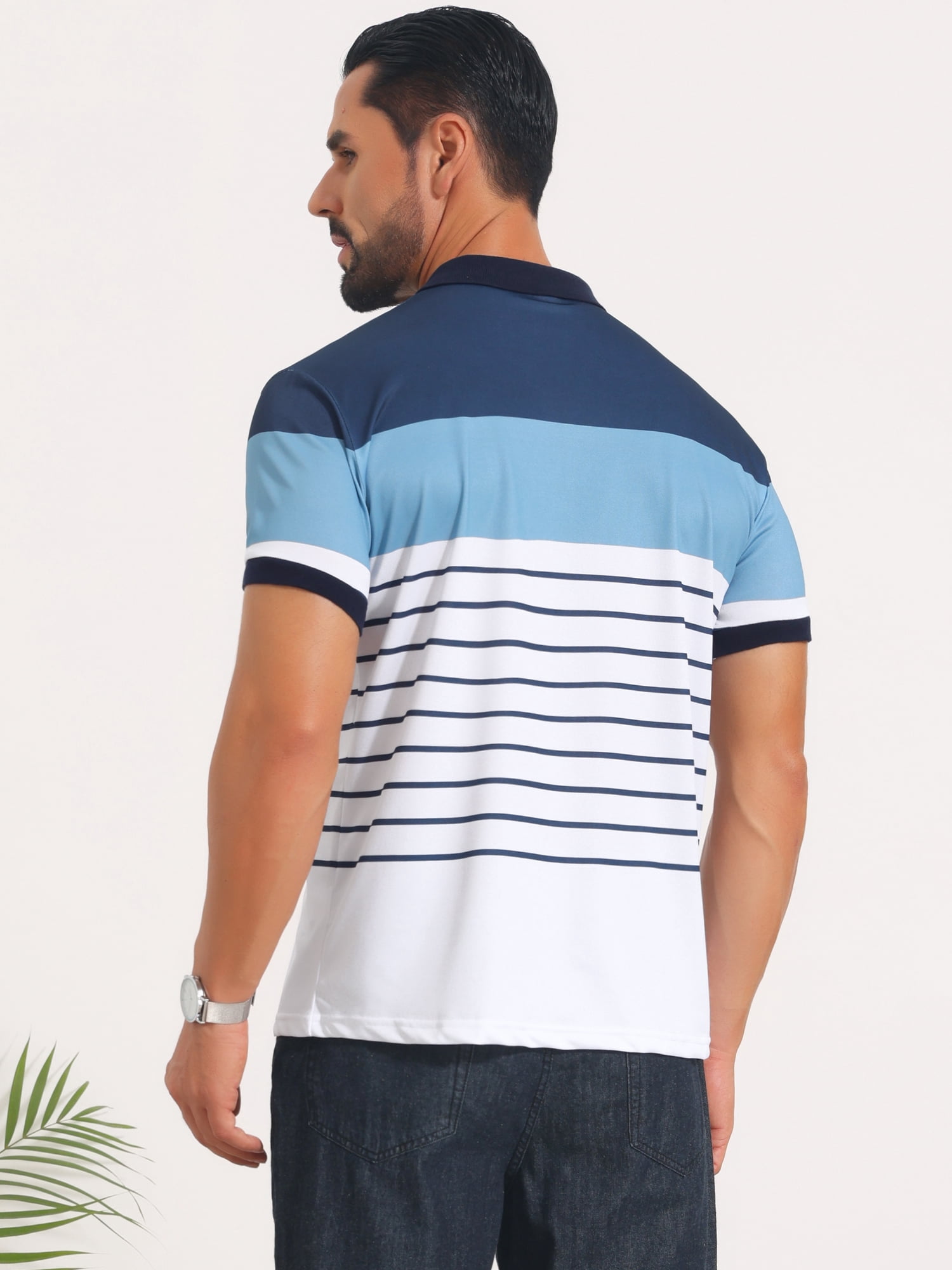 DARING DIVA Men's Colorblock Striped Short Sleeve Three Button Polo Shirts S Blue White