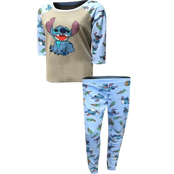 MJC Womens Lilo and Stitch Blue Thermal Waffle Pajama Set (Large)