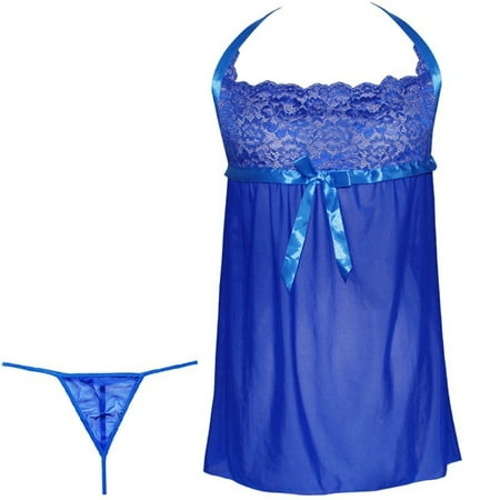 

YXGla Women s Sexy Lace Babydoll Sleepwear Halter Nightgown Dress Nightwear + G-string