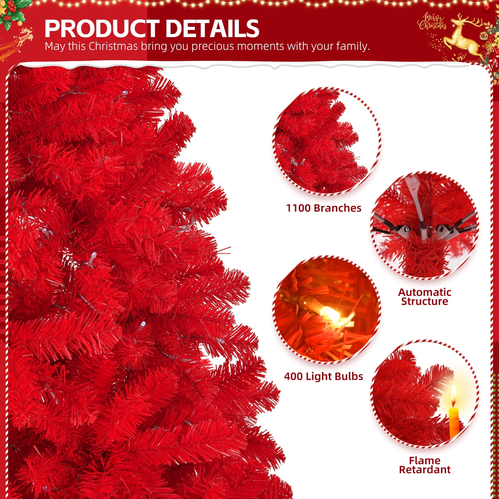 7 FT Pre-lit Artificial Christmas Tree, Hinged Xmas Pine Tree with 1100 Branch Tips, 400 Lights and Remote Control, 10 Modes and Stepless Dimming for Holiday Party Office Home, Red