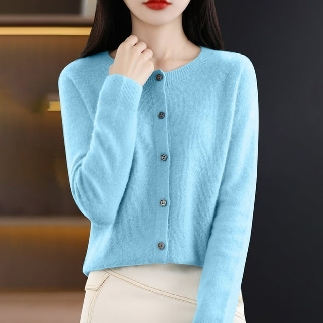 Baberdicy Haut en Tricot Uni pour Femme, Cardigan à Col Rond Ouvert à l'Avant, Cardigan Uni à Col Rond, Chandail en Tricot Décontracté, Haut de Tous les Jours Bleu Ciel TTG