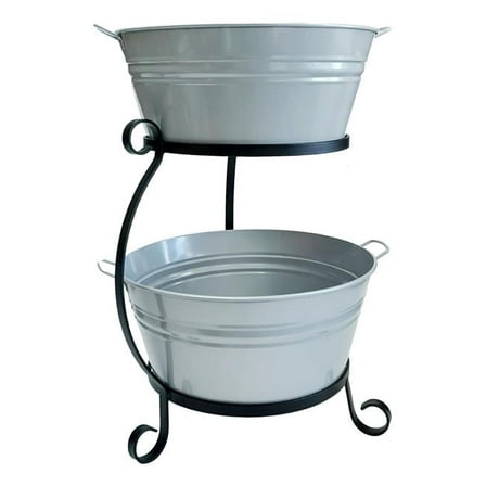Houston International Trading 8025E LTGRY 8025E LTGRY Enameled Galvanized Steel Double Beverage Tub with Iron Stand, Light Gray