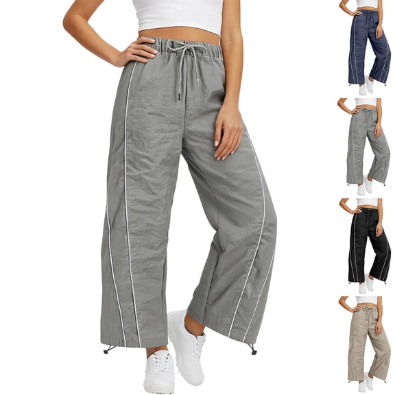 Lumtrix Womens Wide Leg Track Pants Drawstring Elastic High Rise Striped Cropped Joggers with Pockets Black S