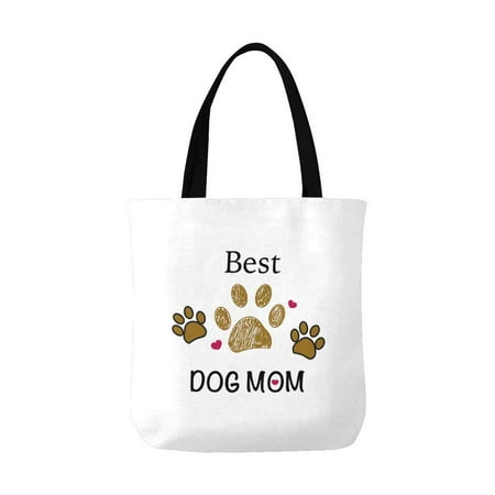 ASHLEIGH Brown Paw Print With Hearts Best Dog Mom Mother's Day Reusable Grocery Bags Shopping Bag Canvas Tote Bag Shoulder (Best Reusable Grocery Bags)