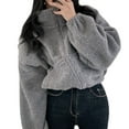thumbnail image 3 of Women Fleece Zip Up Jacket Cute Y2K Winter Warm Trendy Crop Coat Shacket Outerwear Aesthetic Clothes Gray M, 3 of 8