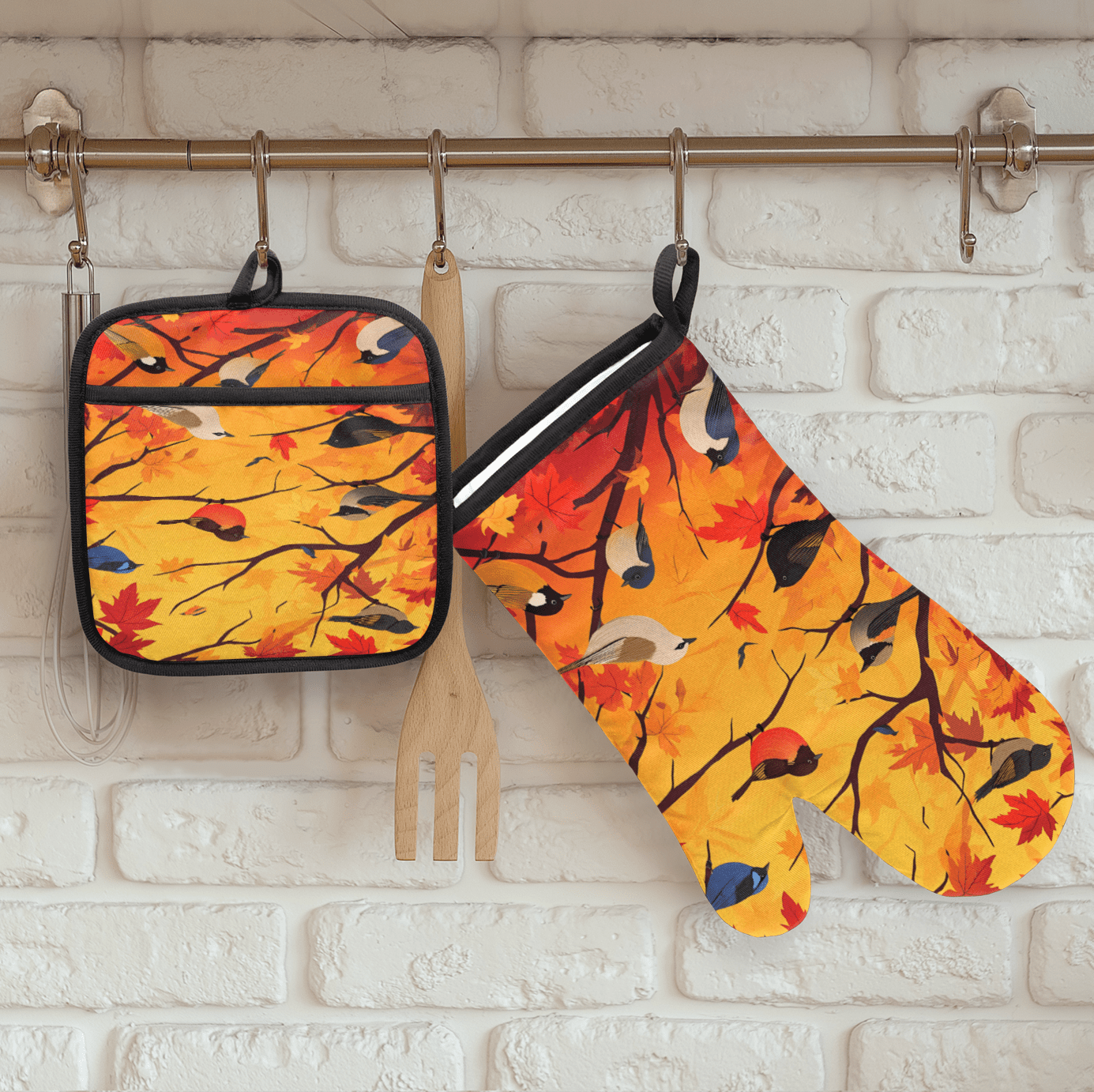 CURLYOOT Birds Fall Maple Leaf Oven Mitts and Pot Holders Sets of 2, Non-Slip Washable Hot Pads and Oven Gloves for Kitchen Cooking Baking