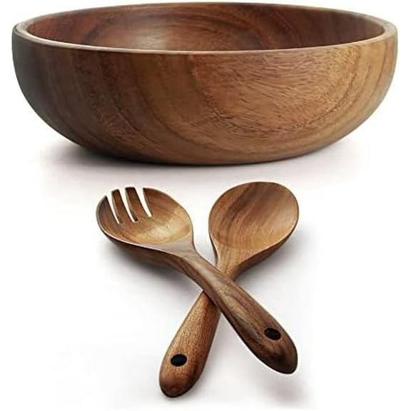 Wooden Salad Bowl, Acacia Wood Salad Bowl with salad Tongs, 9" x 2.6" Round Fruit Serving Bowl Set for Mixing Fruits Cereal Pasta,Set of 3