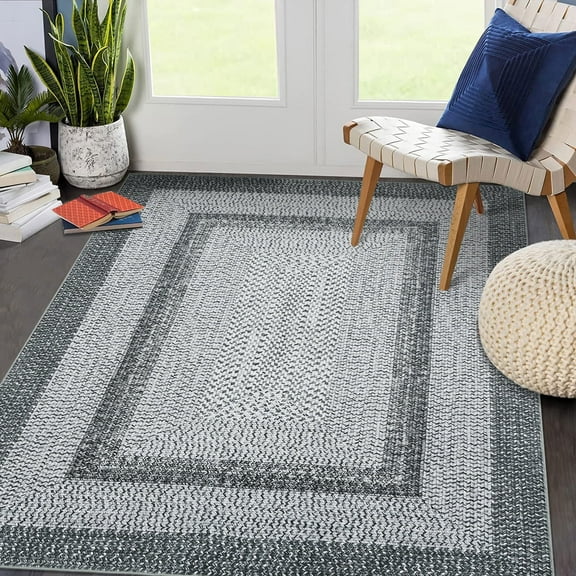 Haperlare Washable Farmhouse Braided Print Rugs Geometric Area Rugs for Bathroom Bedroom Grey Ultra-Thin Home Office Rugs,4'x6'