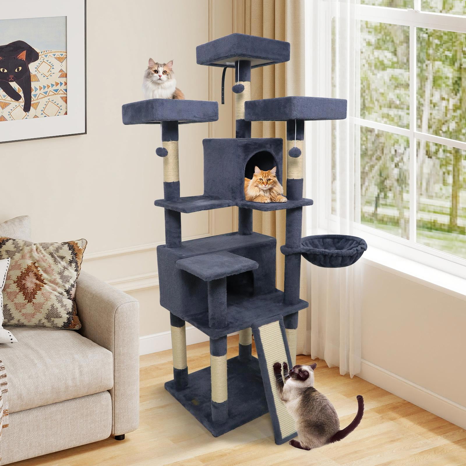 YYAo 65 Inch Tall Multi-level Cat Tower with 3 Upholstered Perch and 2 Cat Condos, Cat Tree for Indoor Cats, Cat Tree for Indoor Cats, Dark Gray
