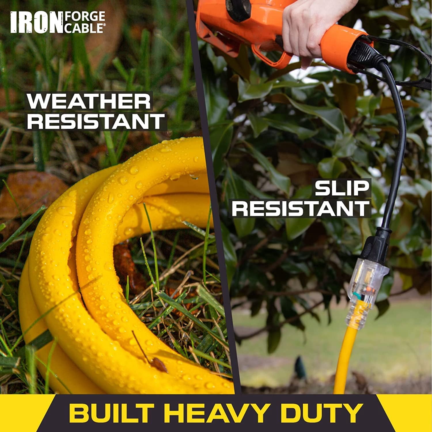 Iron Forge Cable Weatherproof 15 Ft Outdoor Extension Cord - 16/3 SJTW 13 Amp Heavy Duty Highly Visible Yellow Extension Cord 3 Prong - Lighted End
