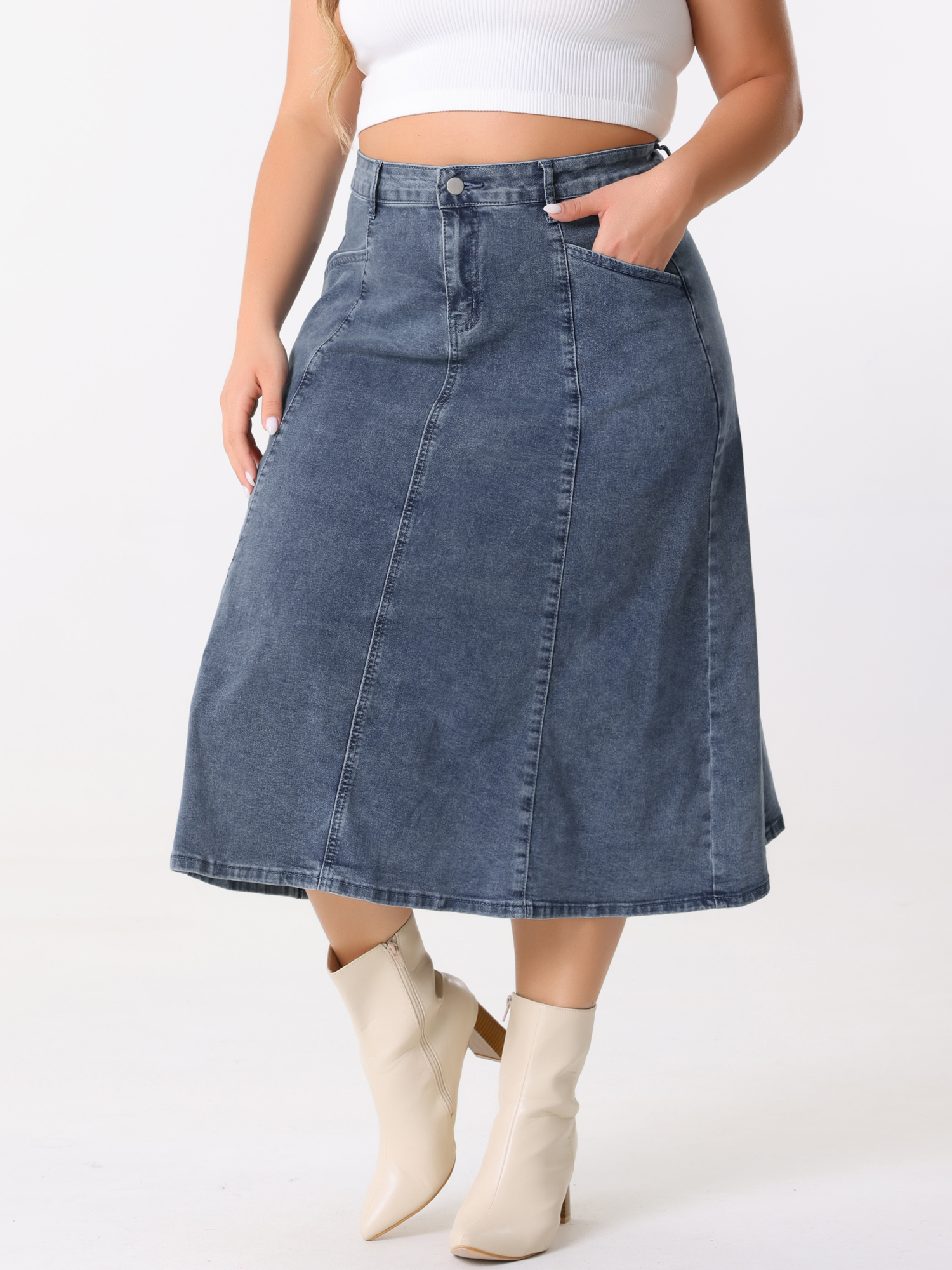 DARING DIVA Women's Plus Denim Skirts with Pockets A-Line Midi Jean Skirt 4X Grey Blue