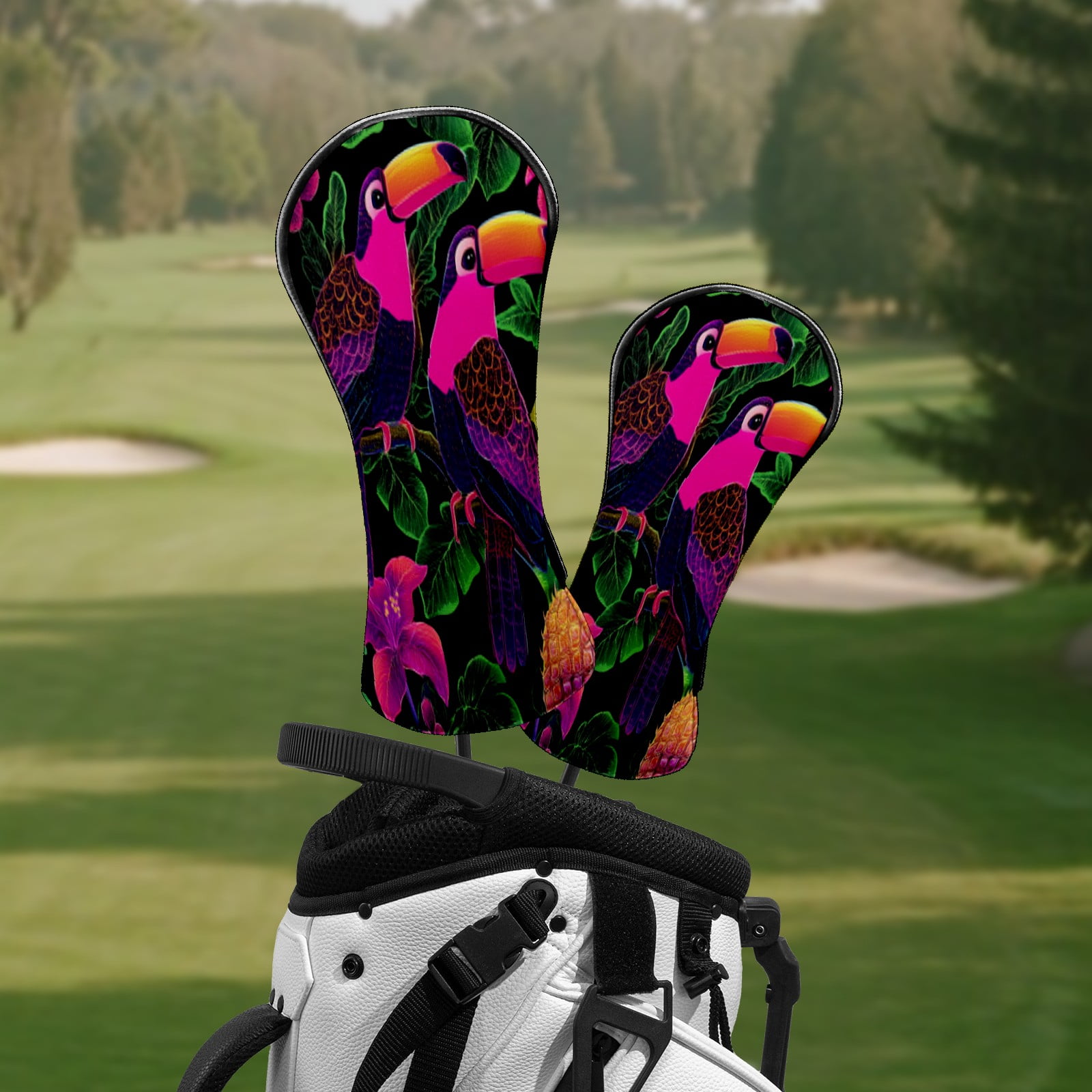 Golf Head Covers for Woods and Driver Waterproof Leather Golf Club Head Covers for Women Men Golf Driver Fairway Wood Headcover Purple Toucan Floral Mural