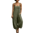 thumbnail image 6 of Women's Cotton‑Linen Spaghetti Strap Jumpsuit Solid‑Color Sleeveless Loose Harem‑Leg One‑Piece Pants with Side Pockets Green L(L), 6 of 8