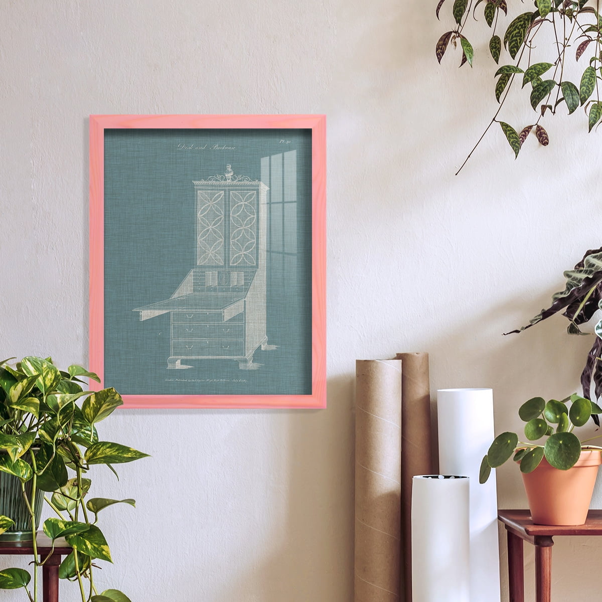 Hepplewhite Desk & Bookcase II - Framed Print w/glass - Sunset Pink