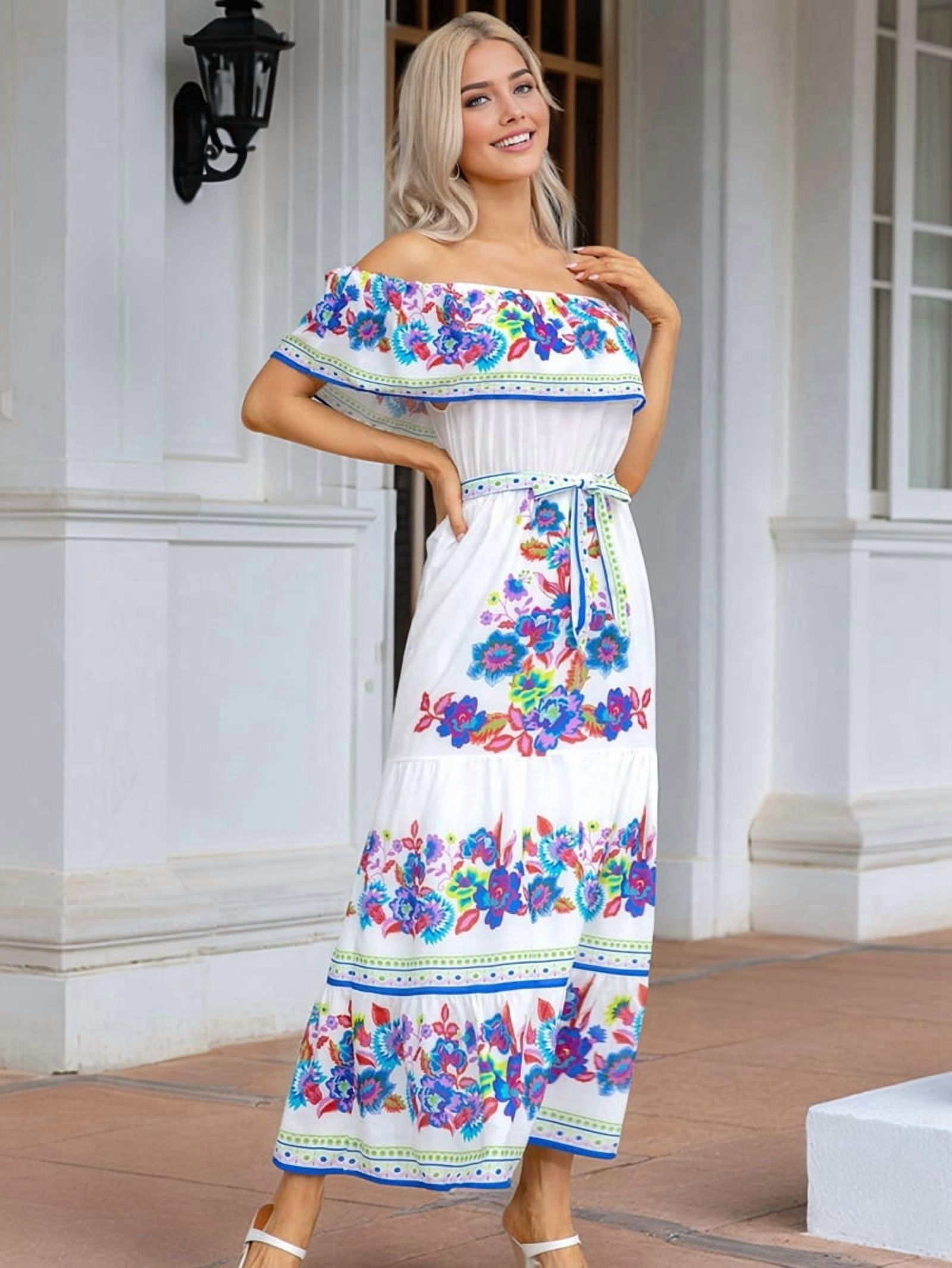 Summer Dresses Ladies Cold Shoulder Dress Womens Traditional Embroidered Manta Off Shoulder Dress Floral White Summer Dresses Ladies Cold Shoulder Dress Womens Traditional Embroidered Manta Off Shoulder Dress Floral White