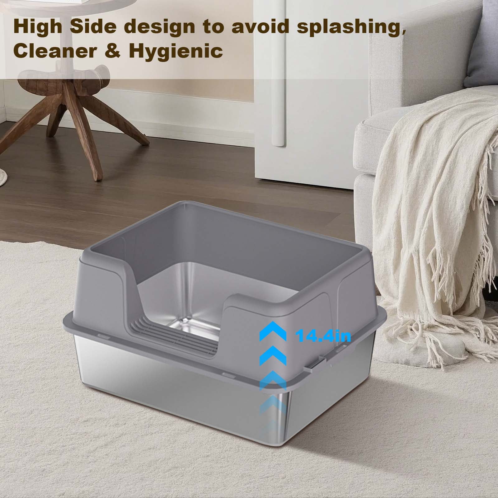 Stainless Steel Cat Litter Box with Lid – Leak-Proof & Scratch-Resistant Litter Box for Large Cats, Includes Anti-Slip Mat & Scoop, Easy to Clean