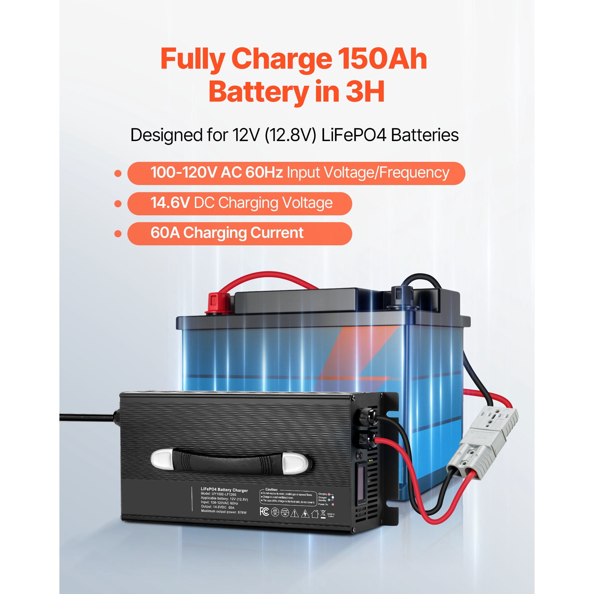 KFFKFF 12V 60A Lithium Battery Charger, 14.6V AC-DC LiFePO4 Smart Charger with Anderson Connector, LED Display, 0V Activation, Compatible with Lithium LiFePO4 Deep Cycle Batteries for Boats and RVs