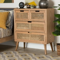 Baxton Studio Alina Mid-Century Modern Medium Oak Finished Wood and Rattan 4-Drawer Accent Chest
