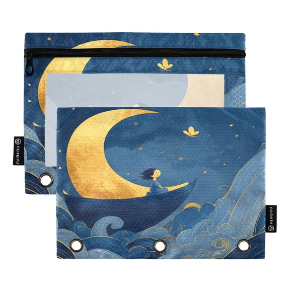 2 Pack 3 Ring Binder Pouch with Clear PVC Window Water Resistant Zipper Pencil Pouch Lonely Voyage Binder Pocket for Classroom Office Home Stationery Organization