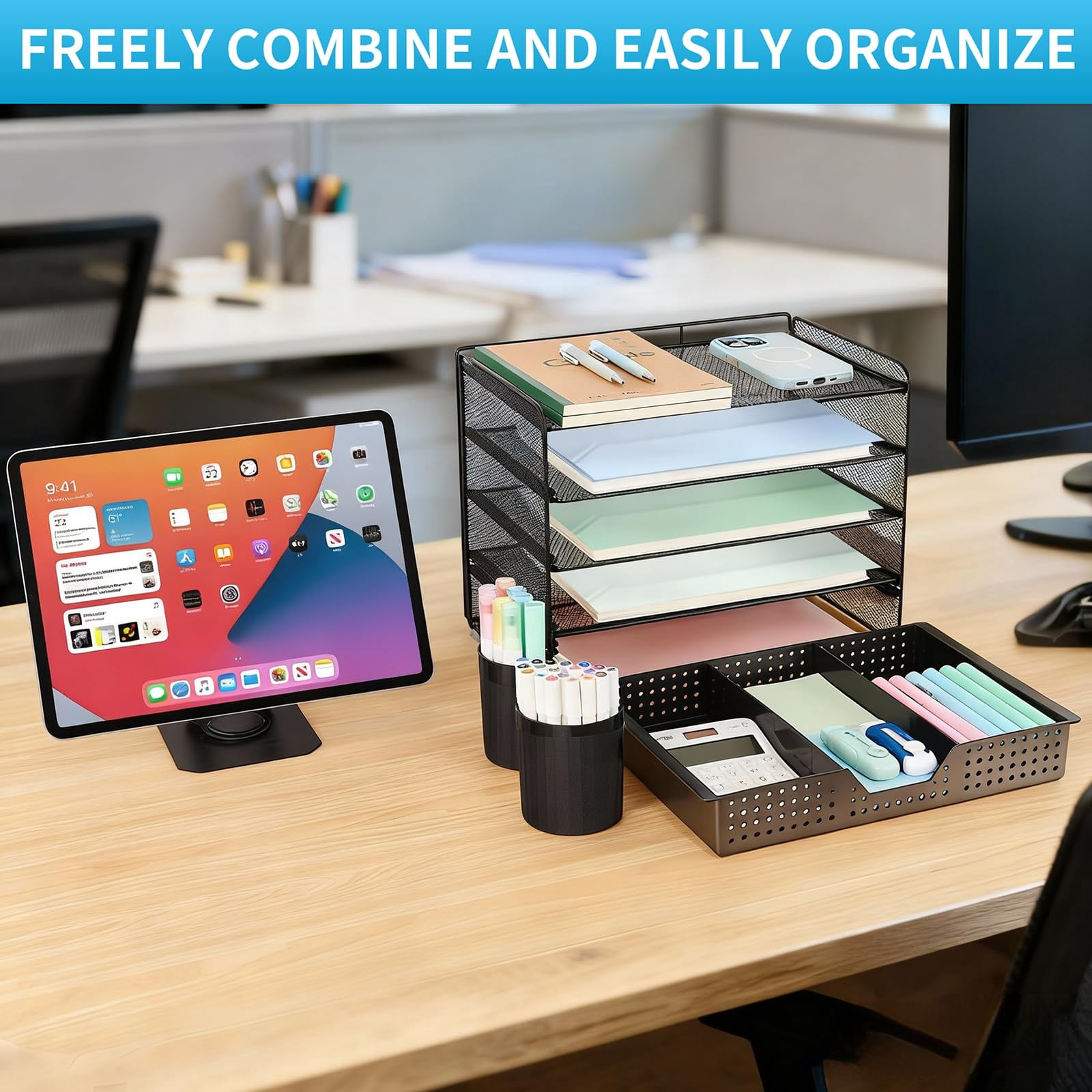 Desk Organizer And Accessories  5-tier Paper Letter Tray With Drawer & 2 Pen Holders For Desktop File Organization Office Supplies Storage (black)