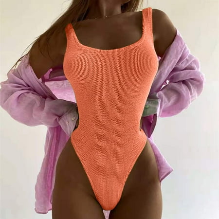 Rigardu Hot Sale!! Women s One Piece Swimsuit Solid Ribbed Monokini Swimwear Scoop Neck Low Back Bathing Suit Tummy High Waisted Bathing Suit Wrap Tie Back Monokini Swimwear Orange S