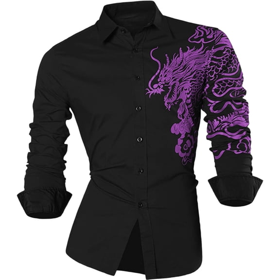 FINALGANG Mens Long Sleeve Dress Shirt With Dragon Print Traditional Style Turn Down Collar Button Down Shirt For Party Business Daily Wear Light Purple M