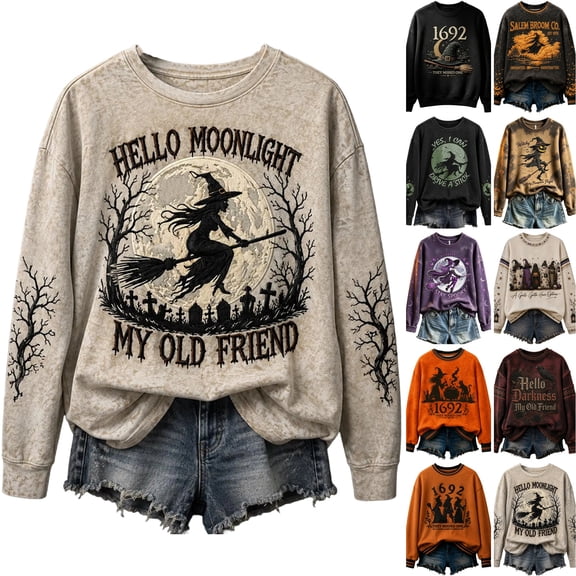 WULMLEO Womens Spooky Halloween Witch Graphic Sweatshirt Long Sleeve Crew Neck Loose Fit Pullover Tops Complexion 3XL