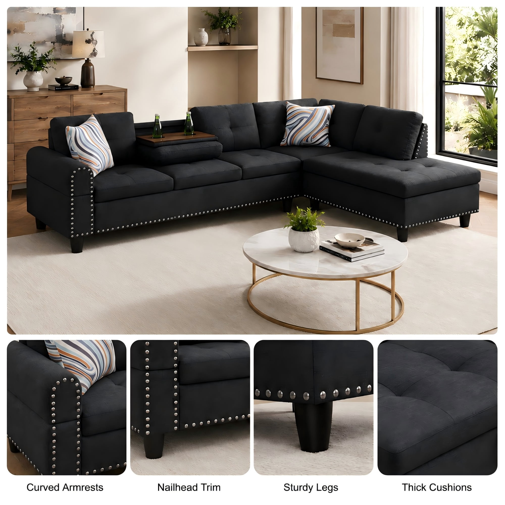 Momspeace 98" L-Shaped Sectional Sofa, Oversized 6 Seater Sofa with Cup Holder, Linen, Black