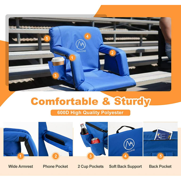Wide Stadium Seat Chair Bleacher Cushion- Padded Back Support, Armrests, 6  Reclining Positions and Portable Carry Straps By Wakeman Outdoors (Blue) 