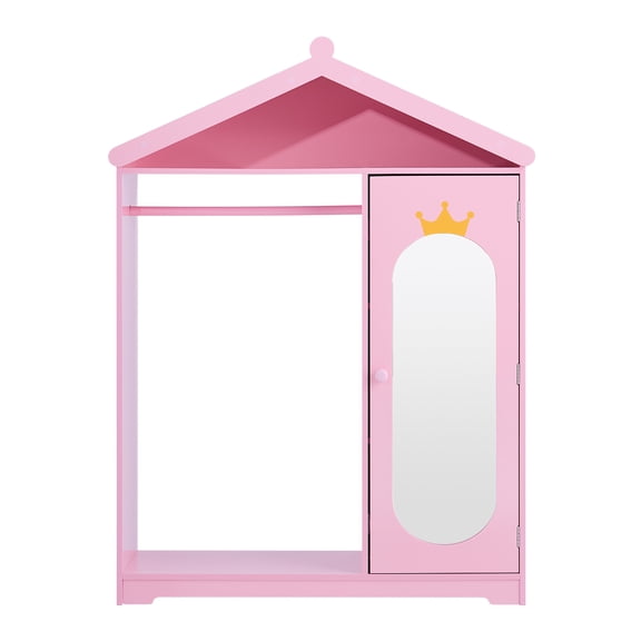 KFFKFF Kids Dress Up Storage with Mirror, Wardrobe Closet for Toddlers, Costume Organizer, Pretend Play Storage Dresser for Girls' Bedroom, Pink