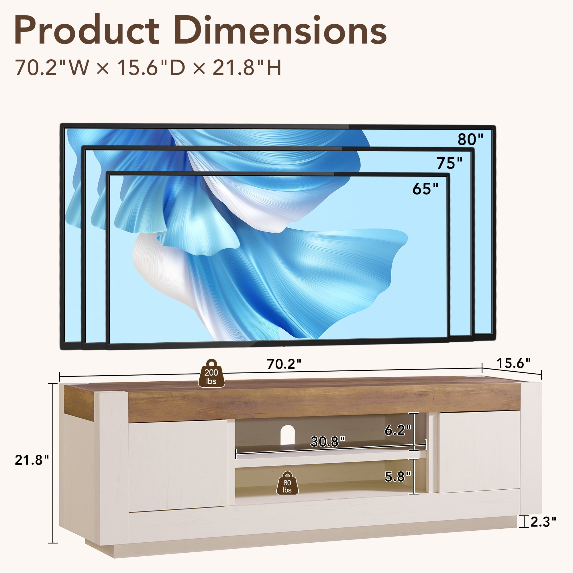 KeyWhat 70" Modern Low Profile TV Stand for TVs up to 80", Open Storage & Adjustable Shelves