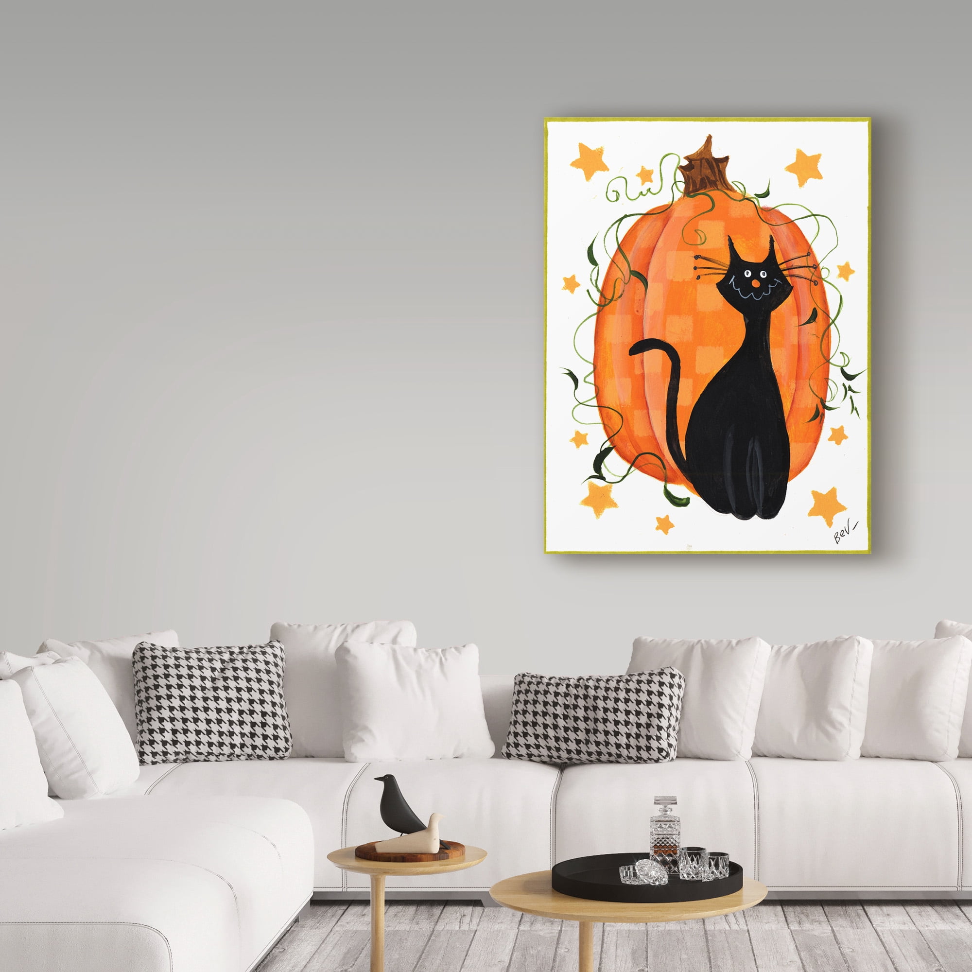 Trademark Fine Art 'Checked Pumpkin And Cat' Canvas Art by Beverly Johnston