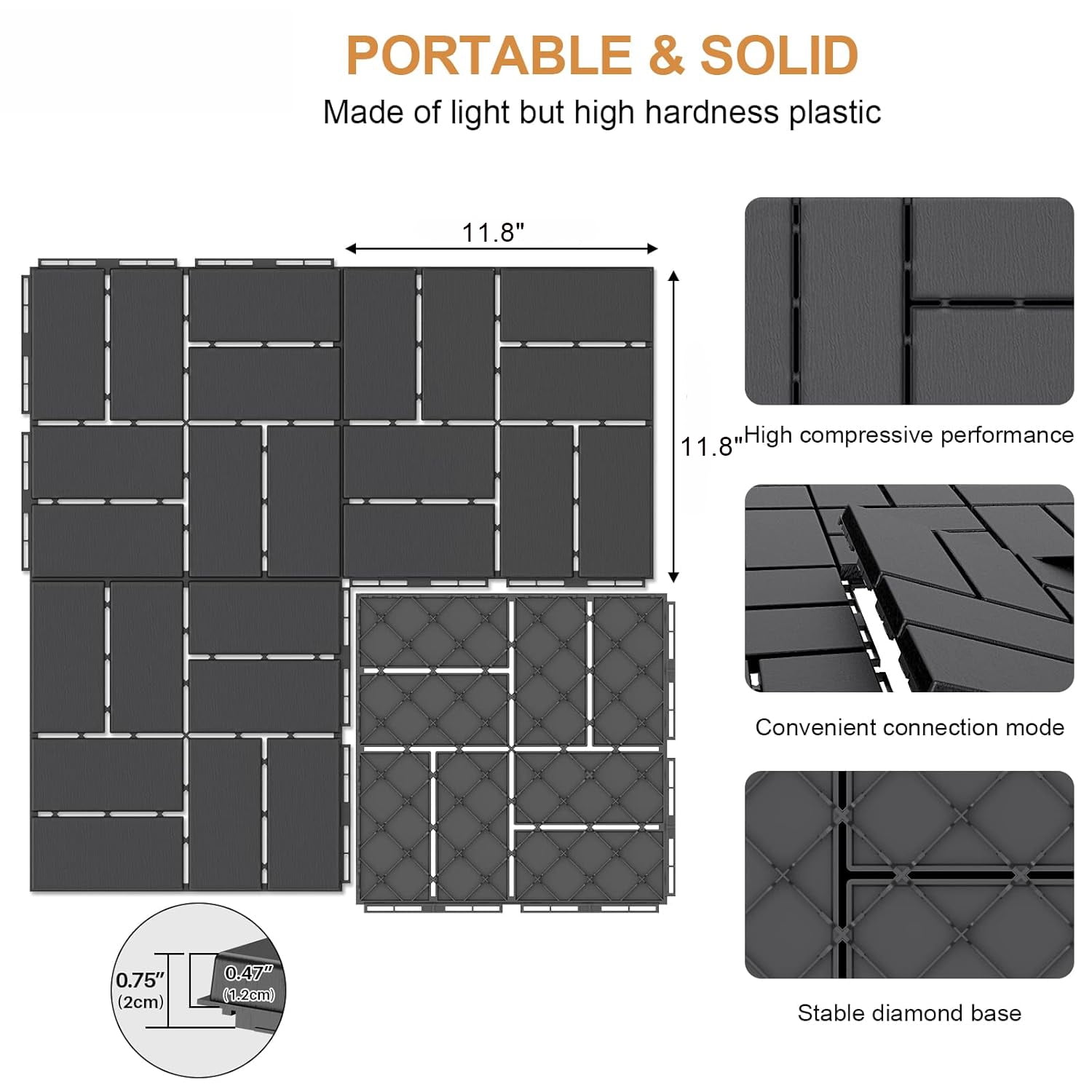 Miniyam Interlocking Deck Tiles, 44 Packs 11.8"x11.8" Waterproof Patio Floor Decking Tiles for Porch Poolside Balcony Backyard, All Weather Use, Gray(Overlapping)