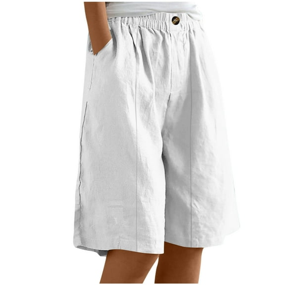 Besolor Womens Summer Bermuda Shorts Casual Loose Elastic Waist Cotton Linen Wide Leg Knee Length Shorts with Pockets
