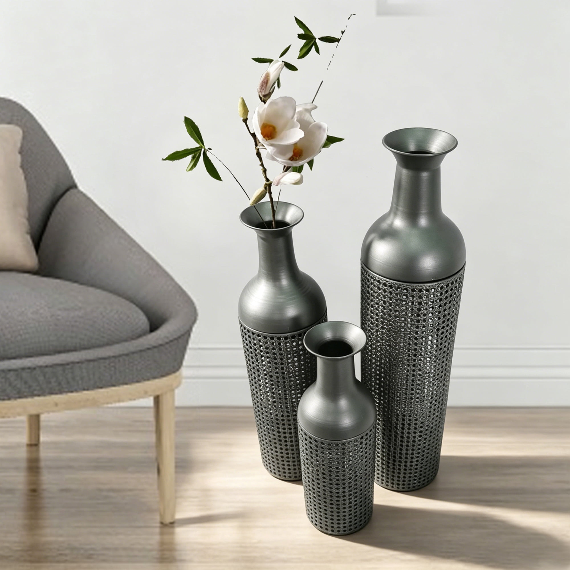 Leumius Decorative Metal Vases Set of 3, Black Grey Leaf Pattern Floor Vases, Black & Grey Tall Vases for Home Decor, Living Room Entryway Decor