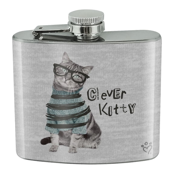 Clever Smart Kitty Cat Kitten Glasses Sweater Stainless Steel 5oz Hip Drink Kidney Flask