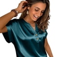 thumbnail image 4 of Olyvenn Womens Satin Comfy T Shirts Short Sleeve Button V Neck Business Tops Loose Casual Summer Tops Work Office Blouses Light Blue S, 4 of 7