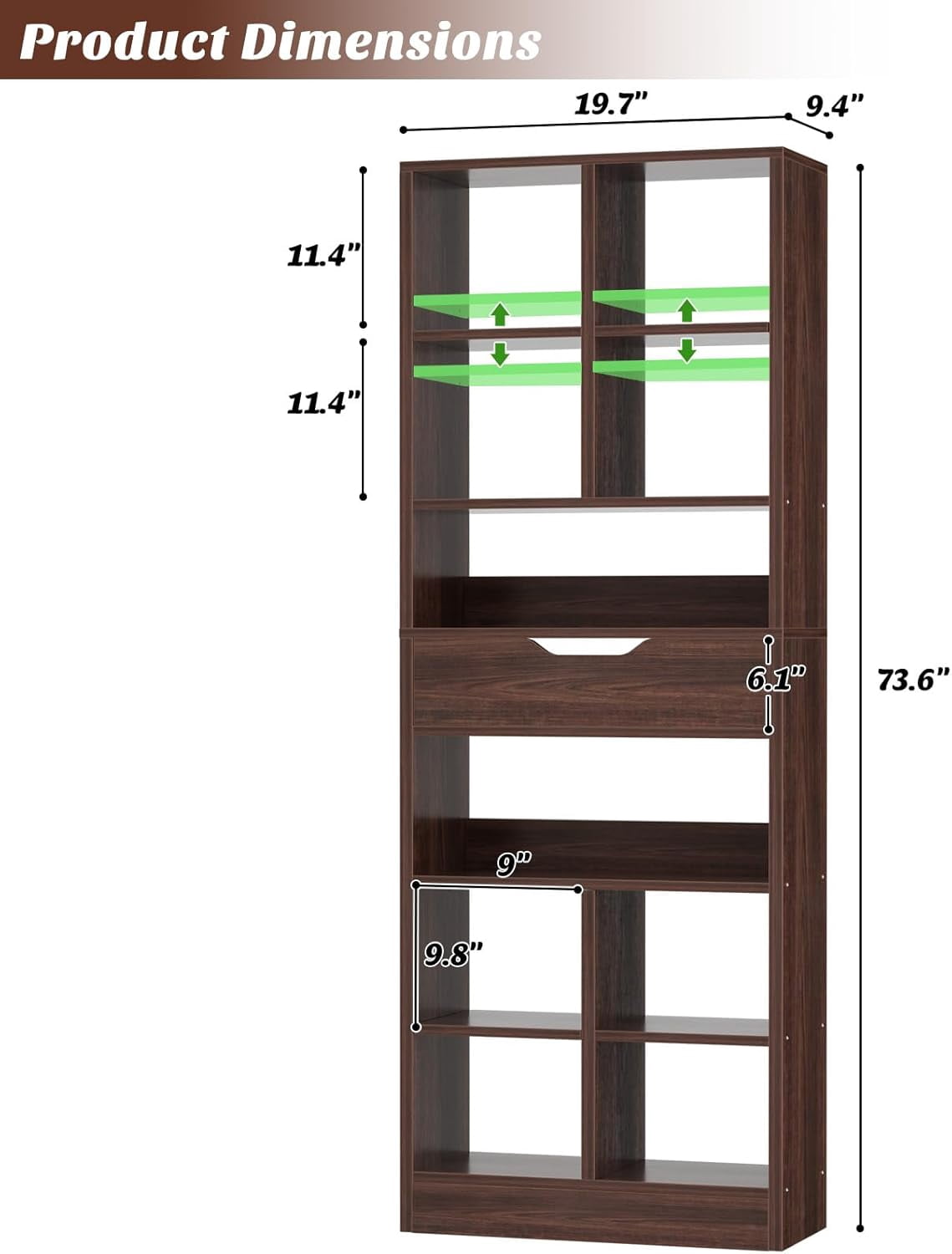 Homieasy 73.6''Tall 10-Cube Bookcase with Drawer and Adjustable Shelves(2-Piece Set), Walnut
