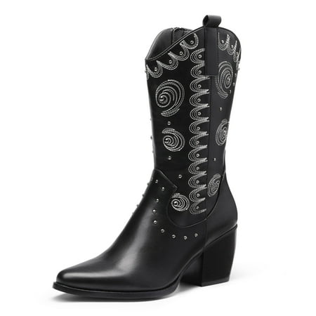 

Women Western Cowboy Boots Cuban Heel Pointed Toe Pull On Zip Mid Calf Boots