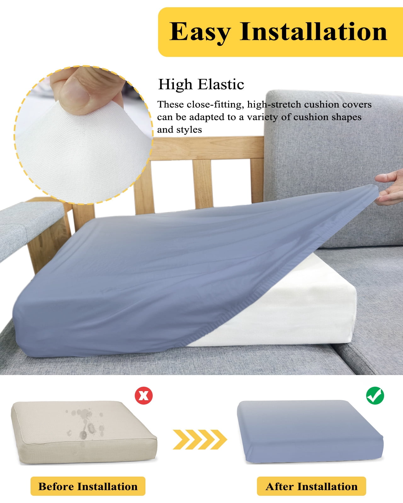 Ombre Grey Blue| Couch Cushion Covers, Stretch Seat Cushion Covers for Sectional Sofa, Abstract Art Individual Sofa&nbsp;Slipcovers Furniture Protector with Elastic&Straps Small 1Pcs
