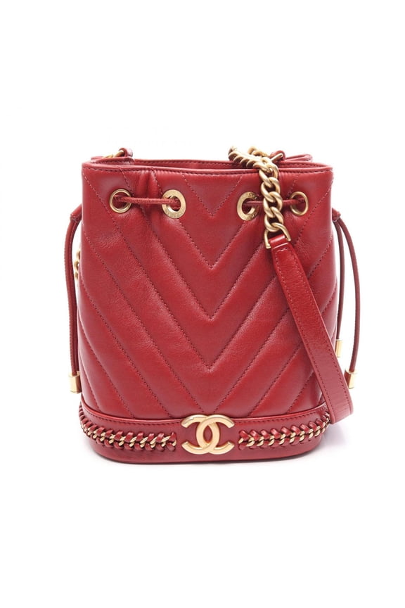 Pre-Owned Chanel Chevron V-stitch Drawstring Bucket Bag Shoulder Handbag Leather Women's Red