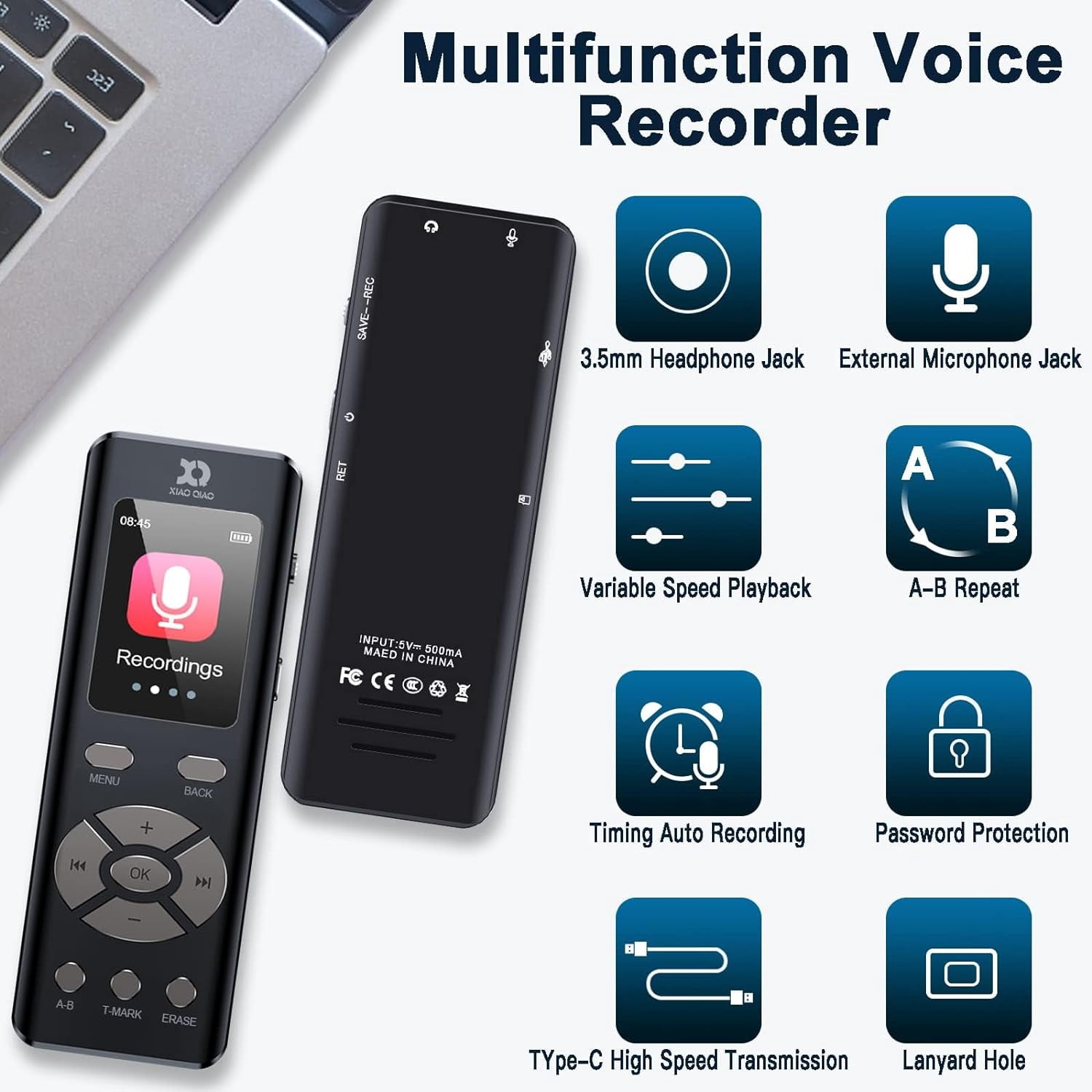 32GB Digital Voice Recorder for Lectures Meetings - Voice Activated Recorder with 2324 Hours Capacity Sound Audio Recorder Dictaphone Recording Device with Playback,MP3 Player,Variable Speed,Password