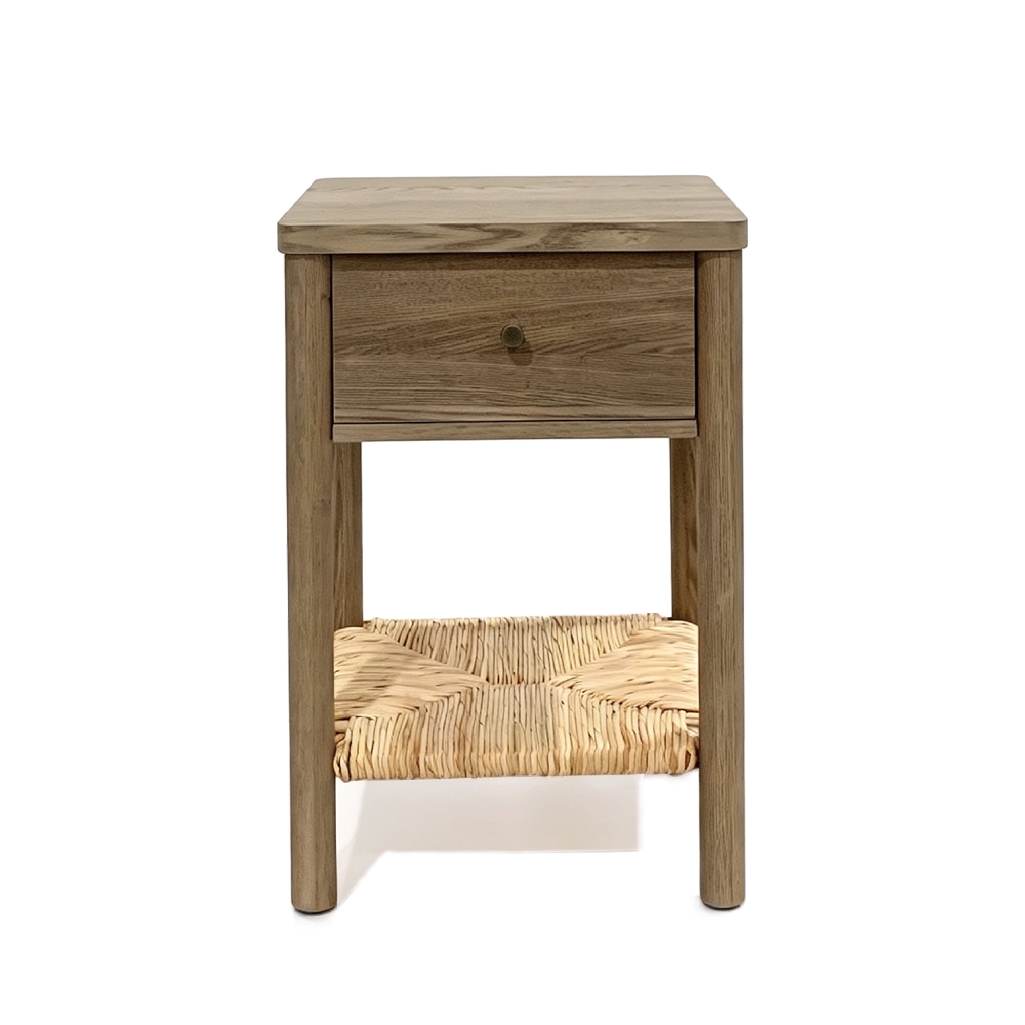 Leumius End Table with Rounded Edge Tabletop, Solid Wood Round Legs, Woven Jute Storage Shelf & Drawer, Nightstand for Bedroom Living Room Grey