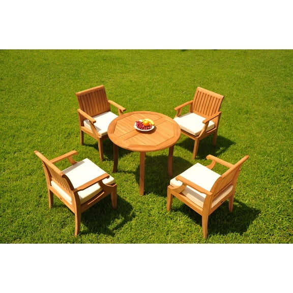 Grade-A Teak Dining Set: 4 Seater 5 Pc: 36" Round Table And 4 Lagos Arm Chairs Outdoor Patio WholesaleTeak #WMLG6